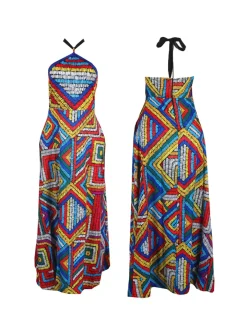 Colorful Print Halter Neck Backless Maxi Dress