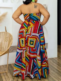Colorful Print Halter Neck Backless Maxi Dress