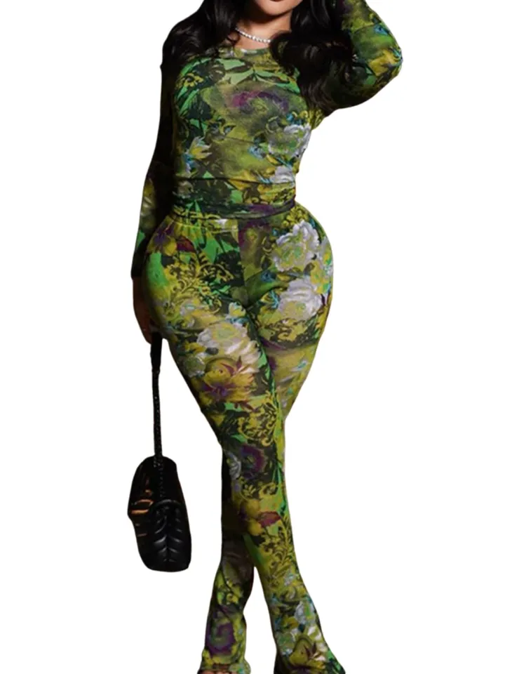 Crew Neck Mesh Tops Pants Sets