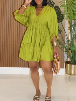 Cropped Sleeves Loose-Fit Pleated Dress