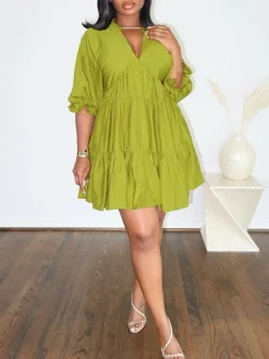 Cropped Sleeves Loose-Fit Pleated Dress