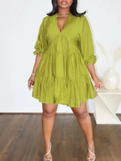 Cropped Sleeves Loose-Fit Pleated Dress