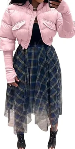 Cropped Zip Up Ribbed Sleeve Puffer Jacket