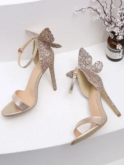 3D Butterfly Bow Ankle Strap Heeled Sandal