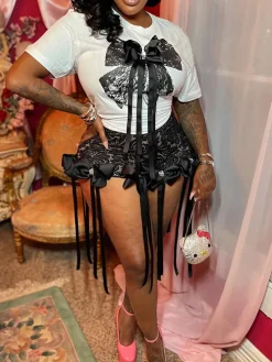 3D Butterfly Print Loose Top u0026 Lace Shorts Set