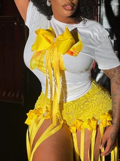 3D Butterfly Print Loose Top u0026 Lace Shorts Set