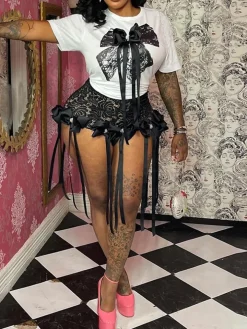 3D Butterfly Print Loose Top u0026 Lace Shorts Set