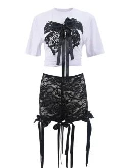 3D Butterfly Print Loose Top u0026 Lace Shorts Set