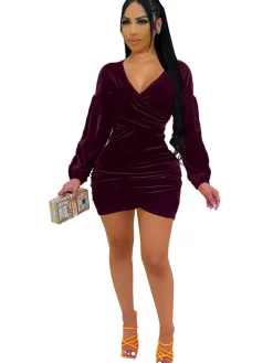 Deep V Neck Bodycon Off Shoulder Ruched Mini Dress