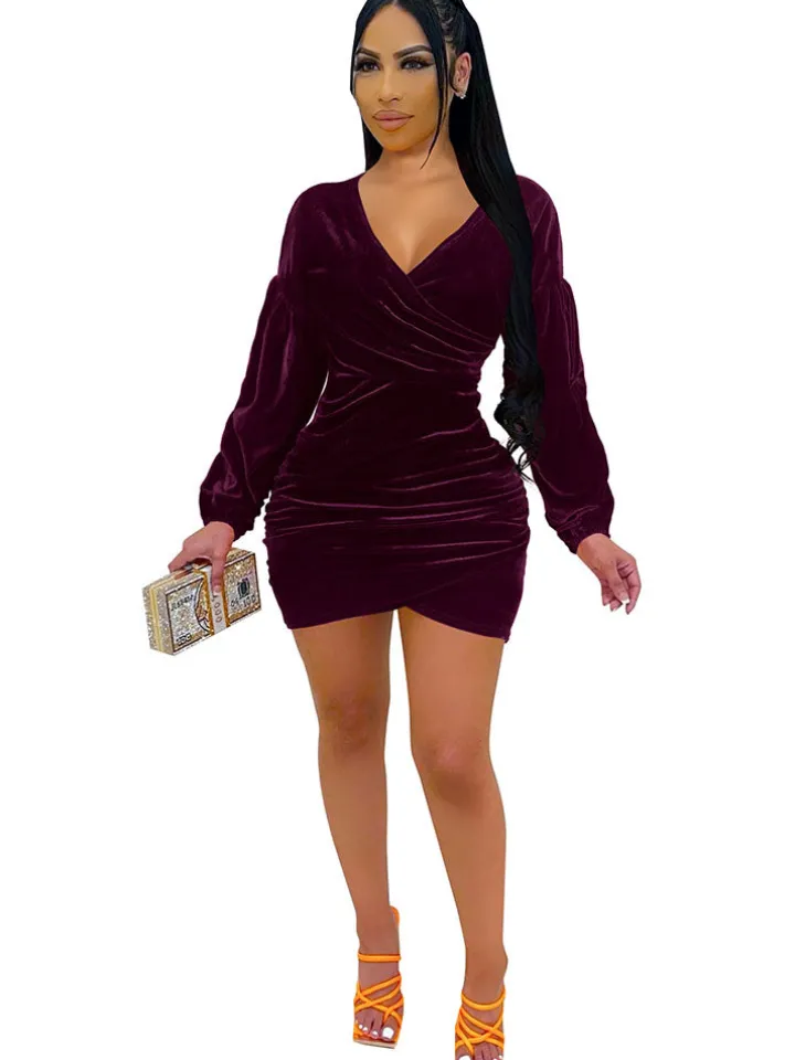 Deep V Neck Bodycon Off Shoulder Ruched Mini Dress