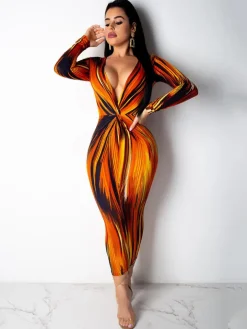 Deep V Neck Gradient Color Maxi Dress