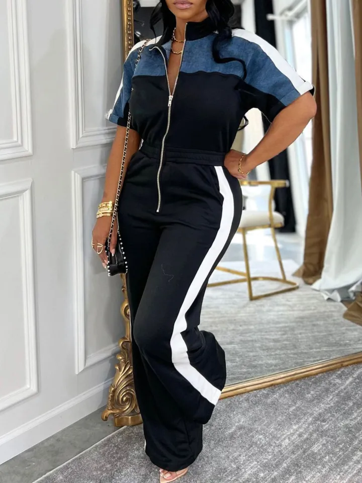 Denim Color Block Zipper Long Jumpsuit