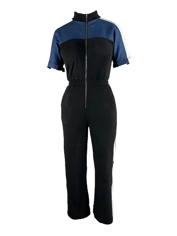 Denim Color Block Zipper Long Jumpsuit