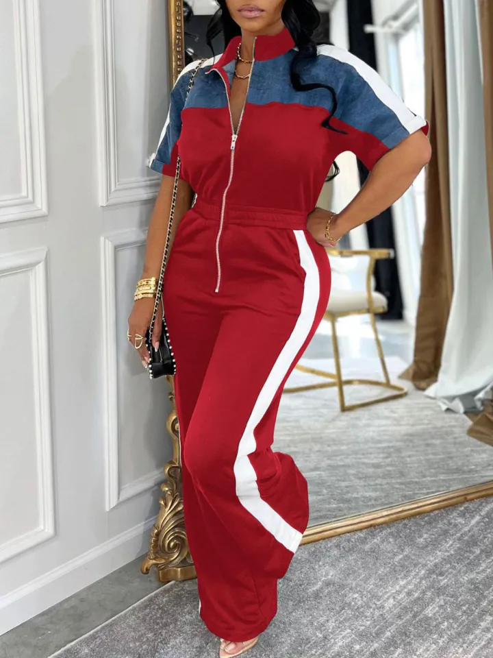 Denim Color Block Zipper Long Jumpsuit