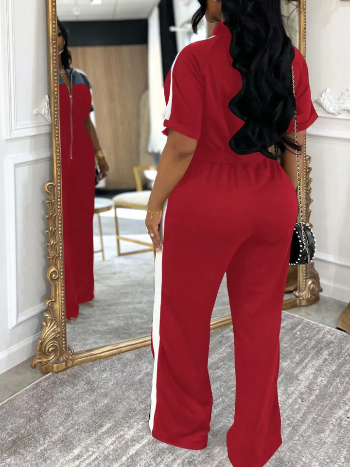 Denim Color Block Zipper Long Jumpsuit