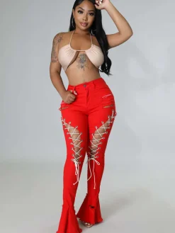 Denim Criss Cross Ripped Bodycon Flare Jeans