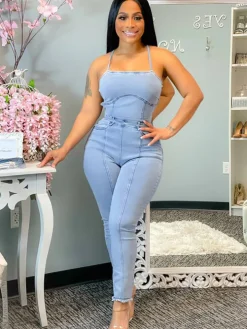 Denim Halter Neck Backless Bodycon Jumpsuit