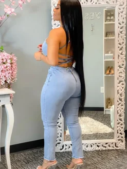 Denim Halter Neck Backless Bodycon Jumpsuit