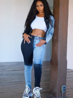 Denim High Wasit Color Block Patchwork Jeans