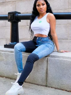 Denim High Wasit Color Block Patchwork Jeans