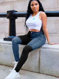 Denim High Wasit Color Block Patchwork Jeans