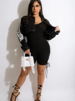 Denim Long Sleeve Letter Print Short Jacket