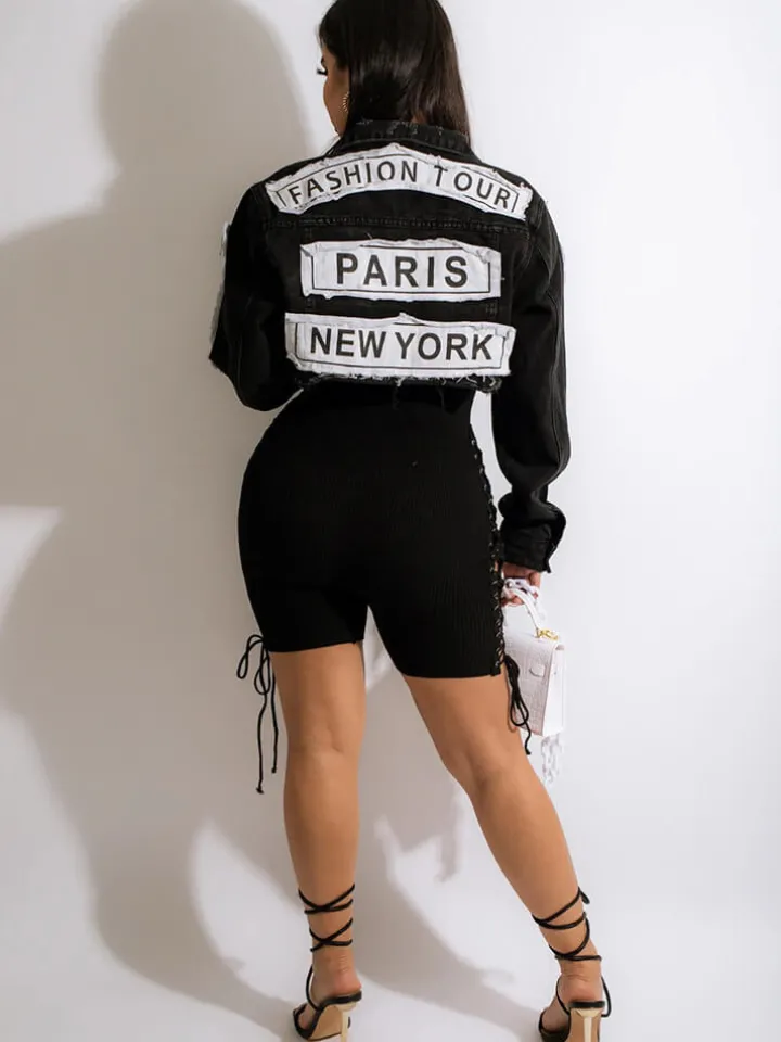 Denim Long Sleeve Letter Print Short Jacket