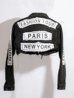 Denim Long Sleeve Letter Print Short Jacket