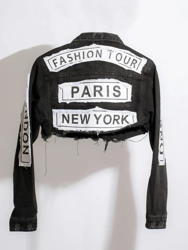 Denim Long Sleeve Letter Print Short Jacket