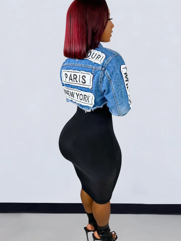 Denim Long Sleeve Letter Print Short Jacket