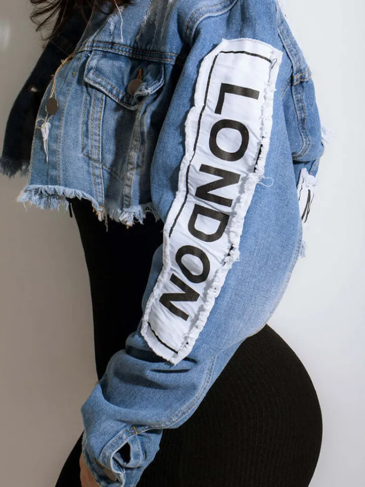 Denim Long Sleeve Letter Print Short Jacket