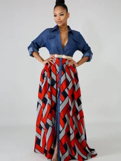 Denim Long Sleeve Plaid Patchwork Maxi Dress