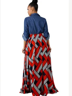 Denim Long Sleeve Plaid Patchwork Maxi Dress