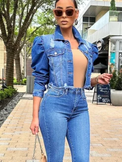 Denim Long Sleeve Ripped Jacket