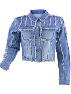 Denim Long Sleeves Button Ripped Jacket