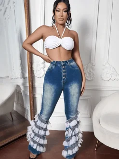 Denim Mesh Patchwork Button Flare Pants