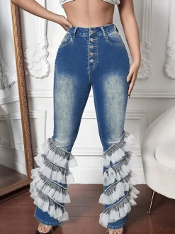 Denim Mesh Patchwork Button Flare Pants