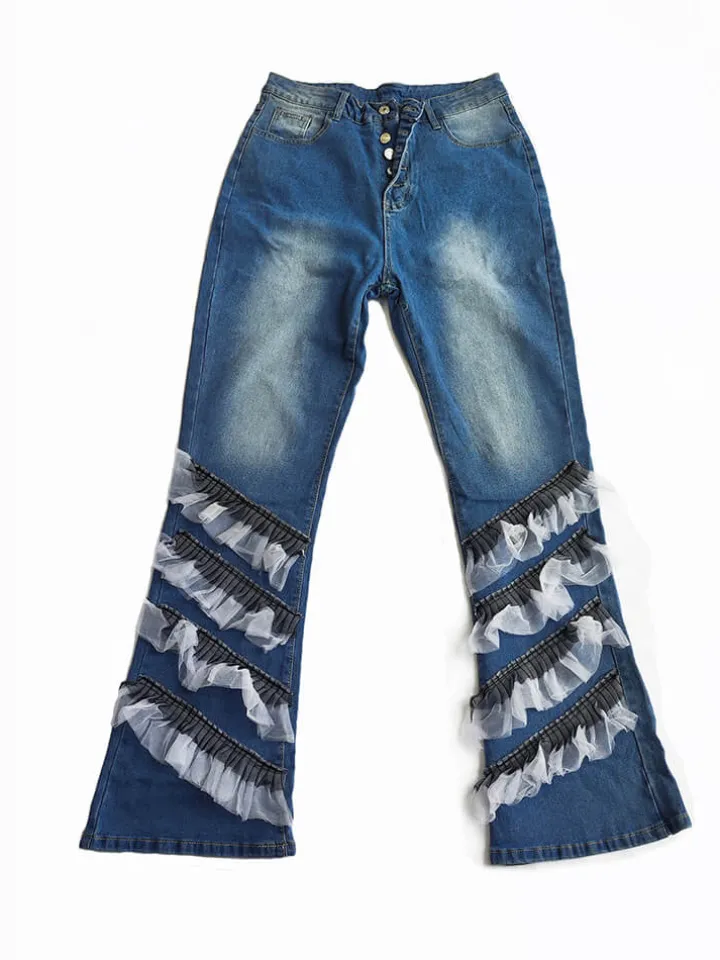 Denim Mesh Patchwork Button Flare Pants