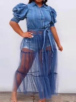 Denim Mesh Patchwork Short Sleeve Top