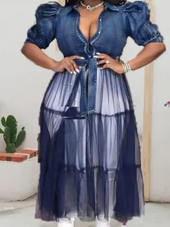 Denim Mesh Patchwork Short Sleeve Top