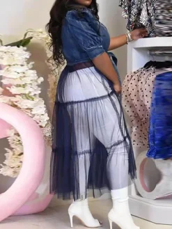 Denim Mesh Patchwork Short Sleeve Top