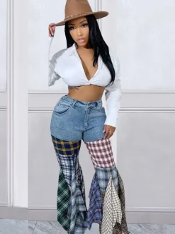 Denim Plaid Print Pacthwork Jeans