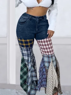 Denim Plaid Print Pacthwork Jeans