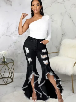 Denim Ripped Ruffle Hem Long Jeans