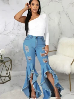 Denim Ripped Ruffle Hem Long Jeans