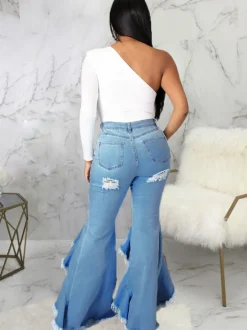 Denim Ripped Ruffle Hem Long Jeans