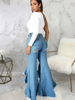 Denim Ripped Ruffle Hem Long Jeans