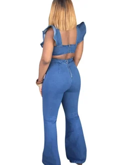Denim Ruffle Sleeveless Zip Up Jumpsuit