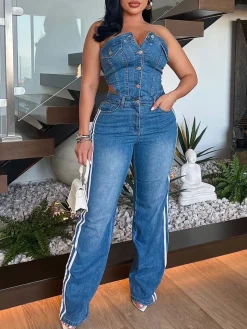 Denim Tube Top Wide-Leg Jumpsuit
