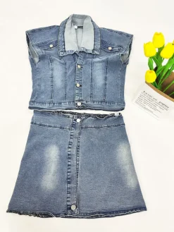 Denim Two Piece Crop Top Mini Skirts
